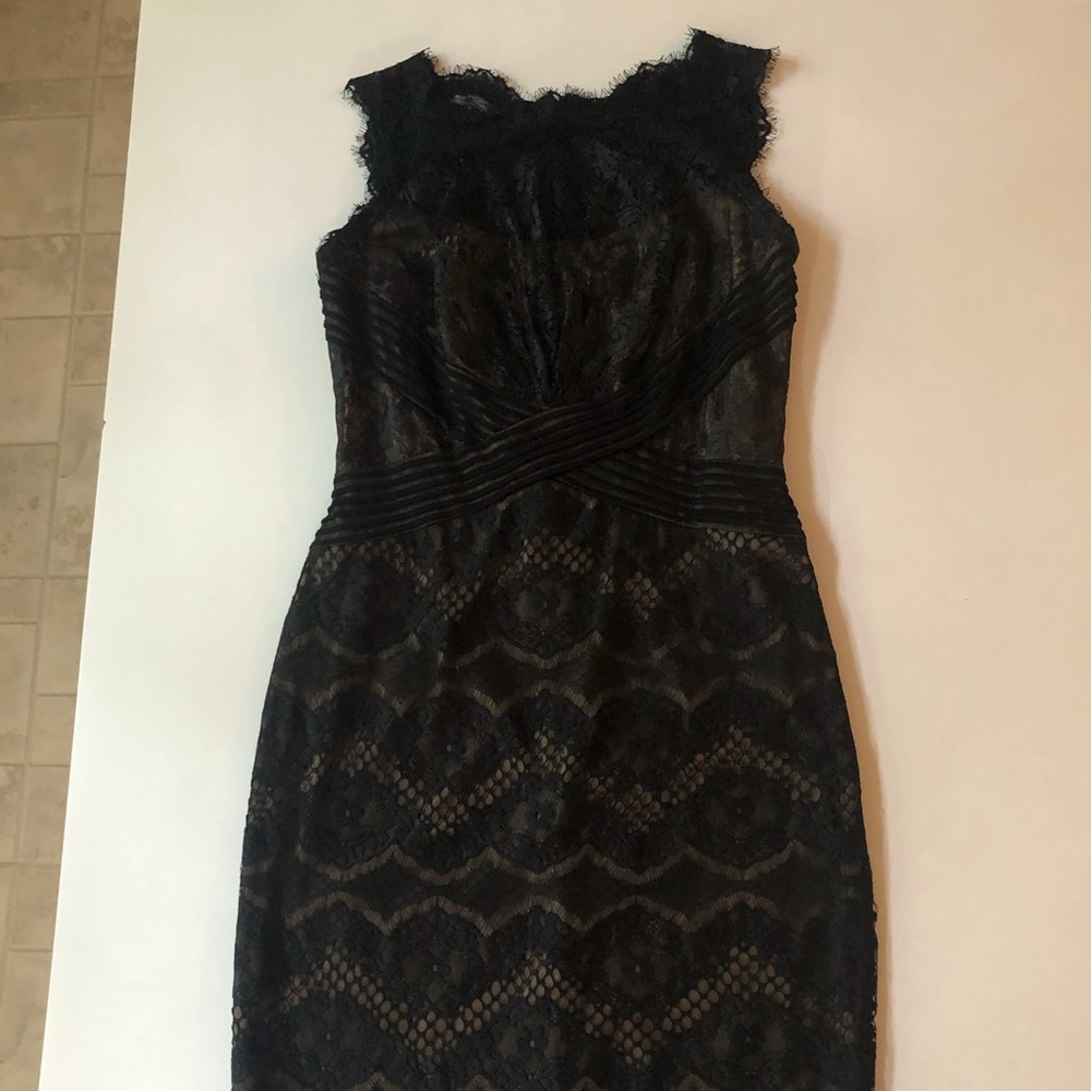 Tadashi Shoji black lace dress.